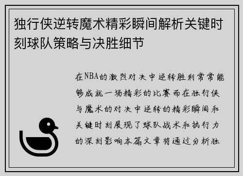 独行侠逆转魔术精彩瞬间解析关键时刻球队策略与决胜细节