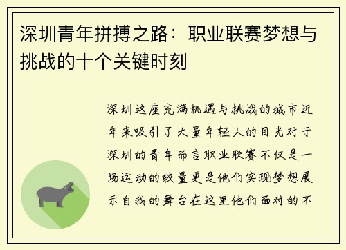 深圳青年拼搏之路：职业联赛梦想与挑战的十个关键时刻
