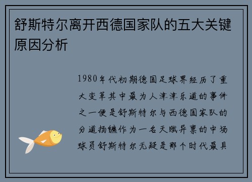 舒斯特尔离开西德国家队的五大关键原因分析