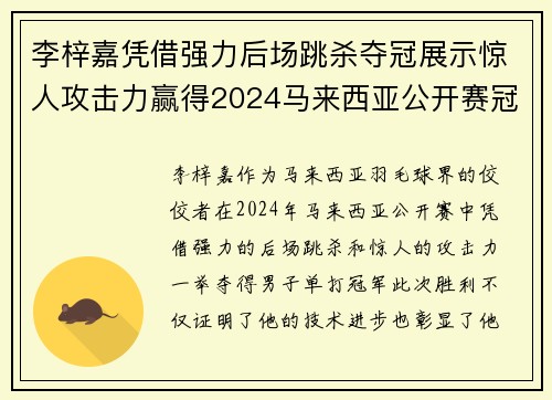 李梓嘉凭借强力后场跳杀夺冠展示惊人攻击力赢得2024马来西亚公开赛冠军